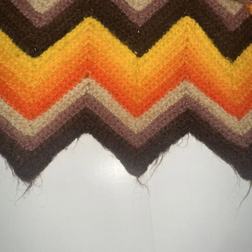 Vintage 70s Style Handmade Crochet Afghan Blanket 54x75 Zig Zag Chevron Brown